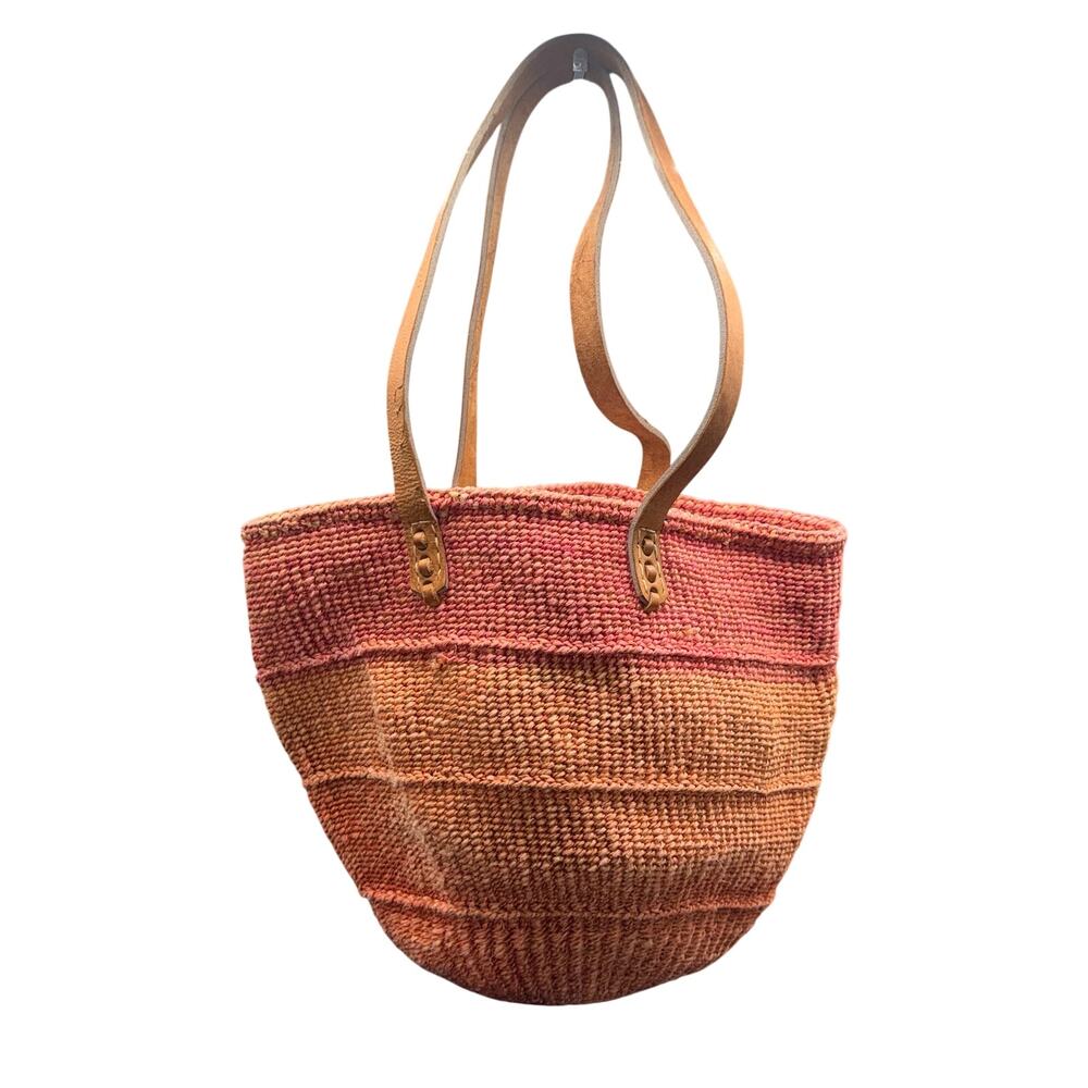 Handmade Sisal Woven Tote Bag Leather Straps Orange Pink Market Beach Boho